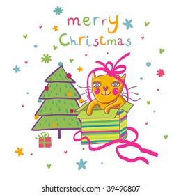 Cute cartoon cat in a present box christmas background