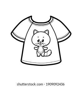 Cute cartoon cat print on T-shirt outline for coloring on a white background