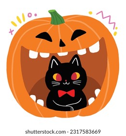 Cute cartoon cat and pumpkin Halloween doodle element.