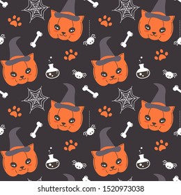 cute cartoon cat pumpkin seamless vector halloween pattern background illustration with spider, web, paw print, potion and bones