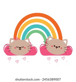 lindo gato de dibujos animados con arco iris y nubes rosas. lindo animal doodle sticker