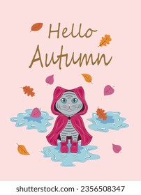 Cute cartoon cat in a raincoat and leaf fall, hello autumn.