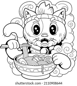 cute cartoon cat with ramen noodles, outline illustration