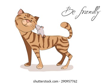 Cute cartoon cat and rat together looking friendly