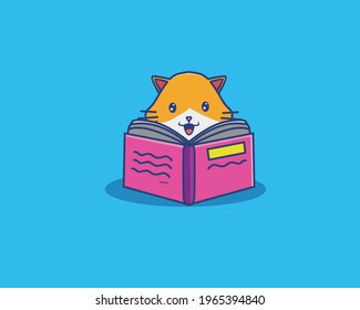 Cute Cartoon Cat Reading Book. Animal Cartoon Flat Style Icon illustration Premium Vector