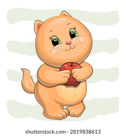 Cute cartoon cat with red apple. Vector illustration of animal on stripped background.