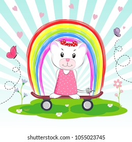 Cute Cartoon cat with red bow with skateboard on a rainbow background. Hand drawn Valentines Day Greeting card with charming kitty. Vector illustration.
