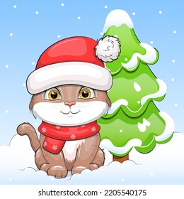 Cute cartoon cat in red hat and scarf sits next to a fir tree. Winter vector illustration of animal on blue background.