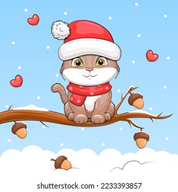 A cute cartoon cat in a red hat and scarf sits on an oak tree with acorns. Vector illustration of an animal on a blue background with snow and hearts.