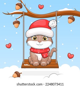 Cute cartoon cat in a red hat and scarf on a swing. Winter vector illustration of an animal on a blue background with snow.