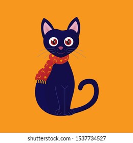 Cute cartoon cat with red scarf. Vector illustration