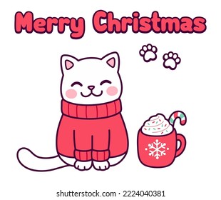 Cute cartoon cat in red sweater with cup of hot chocolate and text Merry Christmas. Kawaii holiday greeting card. Vector clip art illustration.