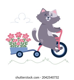 A cute cartoon cat riding a tricycle with a bike trailer full of flowers. Flat style illustration isolated on white background.