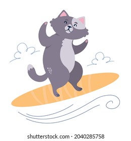 A cute cartoon cat riding a wave on a surfboard. Flat style illustration isolated on white background.