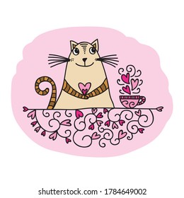 Cute cartoon cat romantic love hearts. Vector illustration