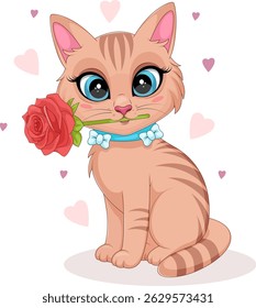 Cute cartoon cat with rose and hearts for Valentine's Day
