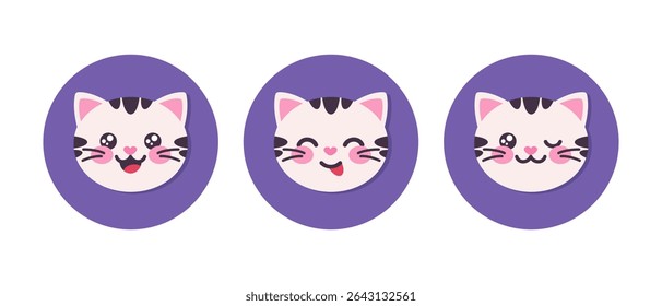 Ícones redondos bonitos do gato dos desenhos animados. Ícones achatados de gatinhos. Ilustração vetorial