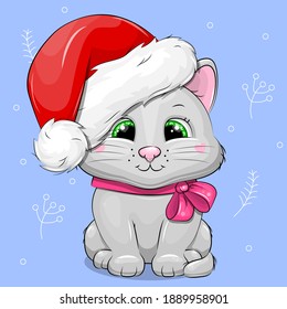 Cute cartoon cat in Santa hat. Christmas Vector illustration of animal on blue background. 