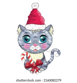 Cute cartoon cat in santa hat with candy kane. Winter 2023, Christmas and Chinese New Year.