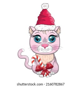 Cute cartoon cat in santa hat with candy kane. Winter 2023, Christmas and Chinese New Year.