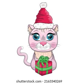 Cute cartoon cat in santa hat with gift. Winter 2023, Christmas and Chinese New Year.