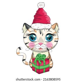 Cute cartoon cat in santa hat with gift. Winter 2023, Christmas and Chinese New Year.