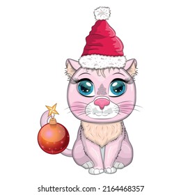 Cute cartoon cat in santa hat with christmas ball. Winter 2023, Christmas and Chinese New Year.