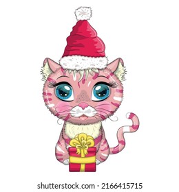 Cute cartoon cat in santa hat with gift. Winter 2023, Christmas and Chinese New Year.