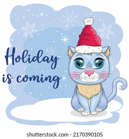 Cute cartoon cat in a Santa hat on a background of snow. Winter 2023, Christmas and Chinese New Year