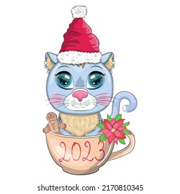 Cute cartoon cat in a Santa hat in a cup with cookies and an inscription. Winter 2023, Christmas and Chinese New Year.