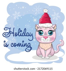 Cute cartoon cat in a Santa hat on a background of snow. Winter 2023, Christmas and Chinese New Year