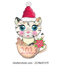 Cute cartoon cat in a Santa hat in a cup with cookies and an inscription. Winter 2023, Christmas and Chinese New Year.