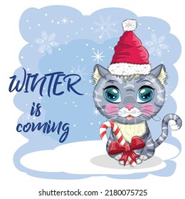Cute cartoon cat in a Santa hat on a background of snow. Winter 2023, Christmas and Chinese New Year