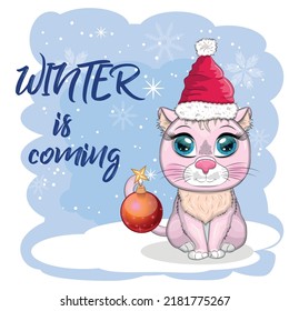 Cute cartoon cat in a Santa hat on a background of snow. Winter 2023, Christmas and Chinese New Year