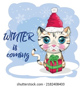 Cute cartoon cat in a Santa hat on a background of snow. Winter 2023, Christmas and Chinese New Year