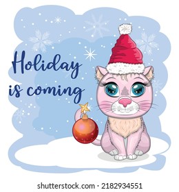 Cute cartoon cat in a Santa hat on a background of snow. Winter 2023, Christmas and Chinese New Year
