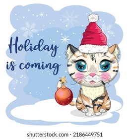 Cute cartoon cat in a Santa hat on a background of snow. Winter 2023, Christmas and Chinese New Year