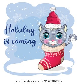 Cute cartoon cat in a Santa hat on a background of snow. Winter 2023, Christmas and Chinese New Year