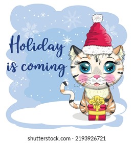Cute cartoon cat in a Santa hat on a background of snow. Winter 2023, Christmas and Chinese New Year