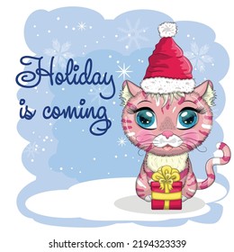 Cute cartoon cat in a Santa hat on a background of snow. Winter 2023, Christmas and Chinese New Year
