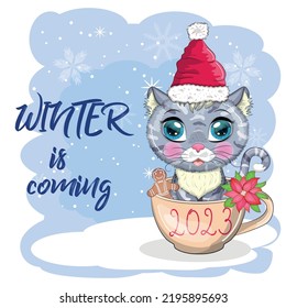 Cute cartoon cat in a Santa hat on a background of snow. Winter 2023, Christmas and Chinese New Year