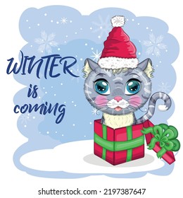 Cute cartoon cat in a Santa hat on a background of snow. Winter 2023, Christmas and Chinese New Year