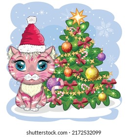 Cute cartoon cat in Santa's hat near the decorated Christmas tree. Winter 2023, Christmas and Chinese New Year.
