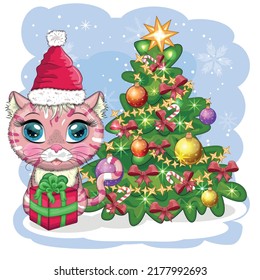 Cute cartoon cat in Santa's hat near the decorated Christmas tree. Winter 2023, Christmas and Chinese New Year.