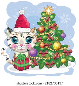 Cute cartoon cat in Santa's hat near the decorated Christmas tree. Winter 2023, Christmas and Chinese New Year.