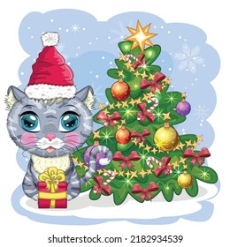 Cute cartoon cat in Santa's hat near the decorated Christmas tree. Winter 2023, Christmas and Chinese New Year.