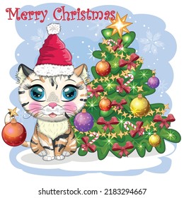 Cute cartoon cat in Santa's hat near the decorated Christmas tree. Winter 2023, Christmas and Chinese New Year.