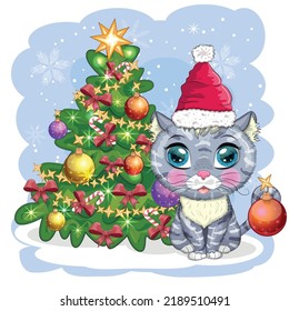 Un gato de dibujos animados en el sombrero de Santa cerca del árbol de Navidad decorado. Invierno 2023, Navidad y Año Nuevo chino.