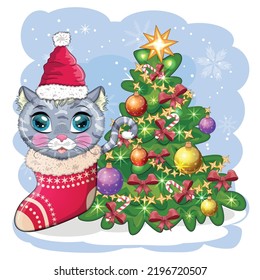 Cute cartoon cat in Santa's hat near the decorated Christmas tree. Winter 2023, Christmas and Chinese New Year.