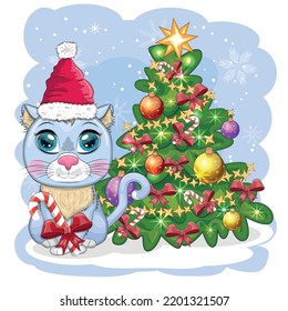 Cute cartoon cat in Santa's hat near the decorated Christmas tree. Winter 2023, Christmas and Chinese New Year.